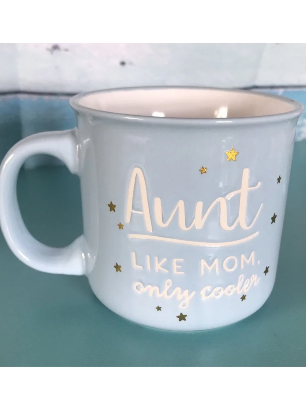 Eccolo Aunt Like Mom Only Cooler Light Blue Ceramic Mug with Gold Stars